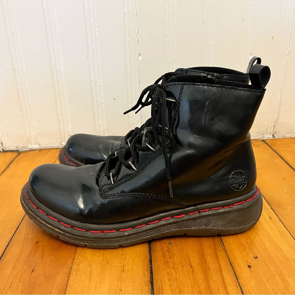 Rieker Black Patent Leather Lace Up Boots with Side Zipper, Size EU 40/US 8.5